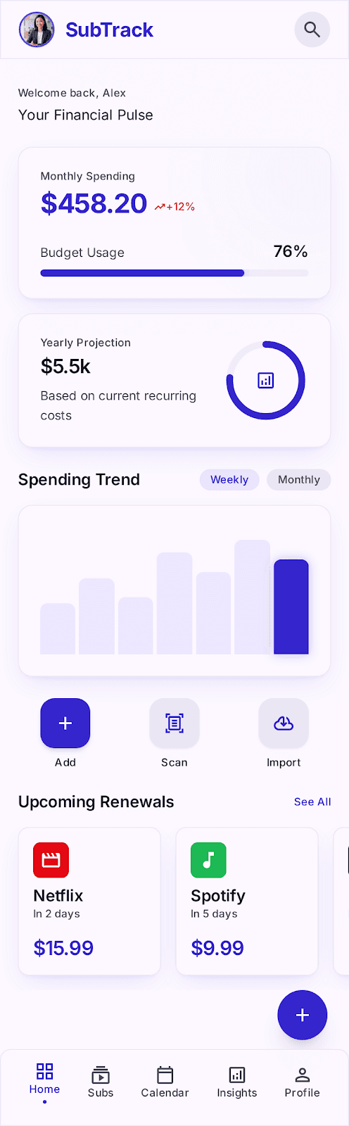 SubTrack Dashboard screen