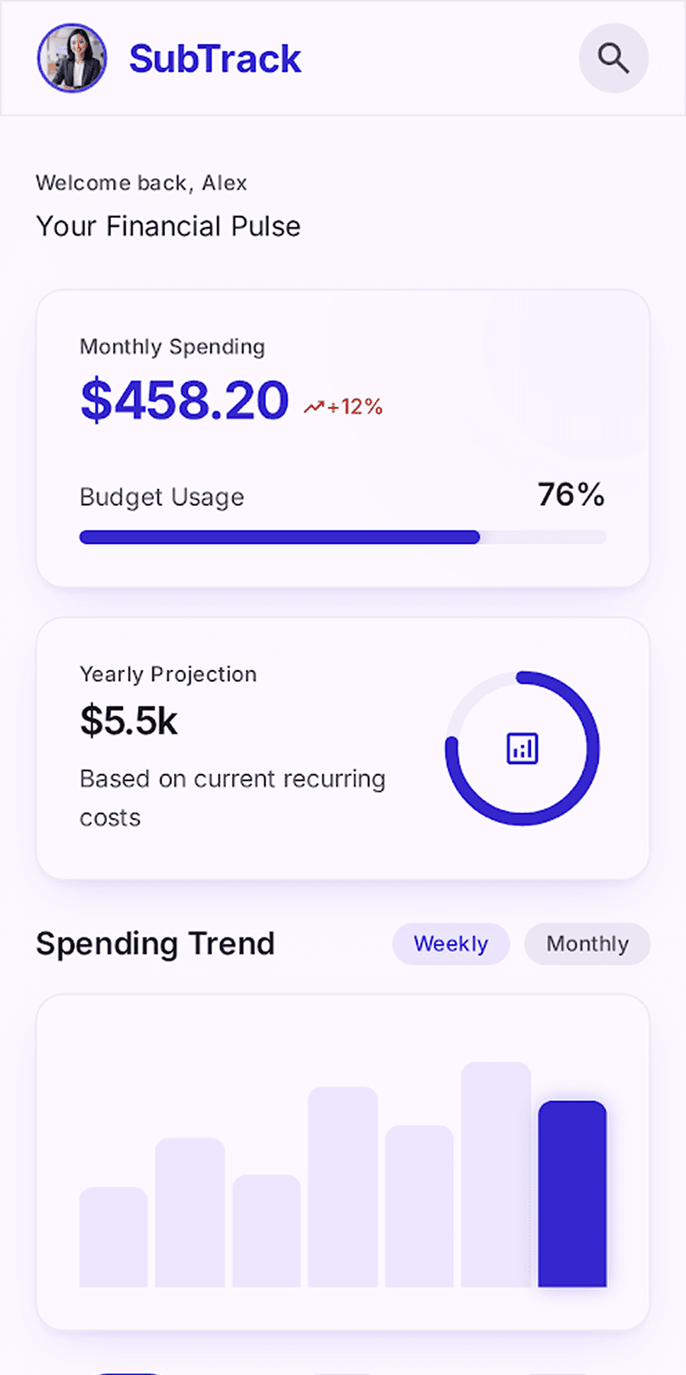 SubTrack dashboard showing monthly spending and upcoming renewals